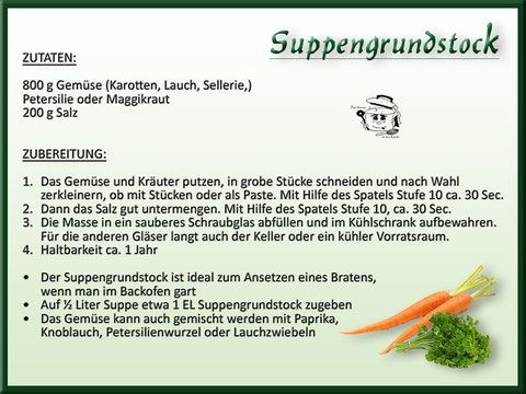 Rezept für Gemüsebrühe mit Zutaten und Zubereitung. Text ist in Deutsch.