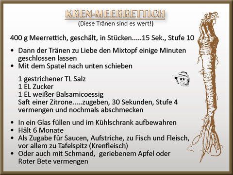 Rezept für Meerrettichsoße mit Text und einer Meerrettichwurzel-Illustration.