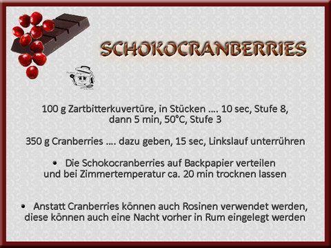 Rezept für mit Schokolade überzogene Preiselbeeren mit Anweisungen zum Schmelzen der Schokolade, Hinzufügen der Preiselbeeren und Trocknen lassen.