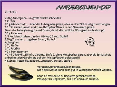 Rezept für Auberginen-Dip mit Zutaten, Schritten und Anwendung, mit einer Auberginen-Abbildung.