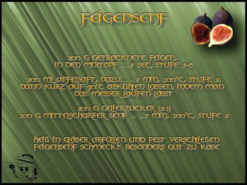 Rezept für Feigensenf auf Deutsch, auf grünem Hintergrund, mit Feigen.