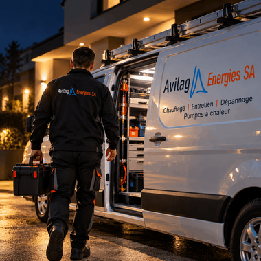 Un technicien portant des outils se tient à côté d’un fourgon de dépannage blanc, de nuit, devant un bâtiment aux fenêtres éclairées.