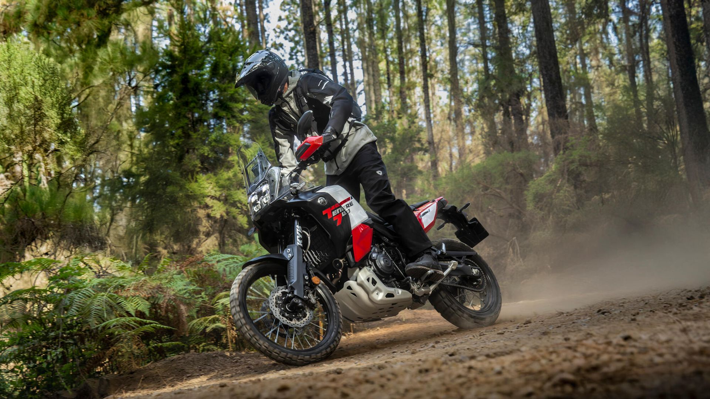 Un hombre conduce una motocicleta todoterreno en el bosque.