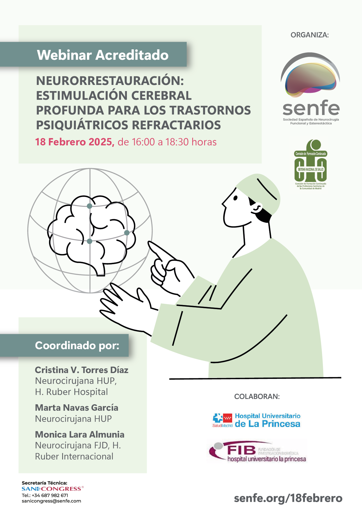 Seminario web que promueve la estimulación cerebral para trastornos psiquiátricos. Presenta a un médico señalando un diagrama cerebral.