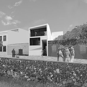 Una fotografía en blanco y negro de un grupo de personas paradas frente a una casa.