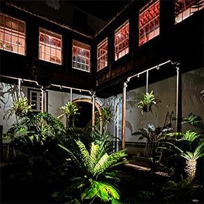 Un edificio con muchas ventanas y plantas en el frente.