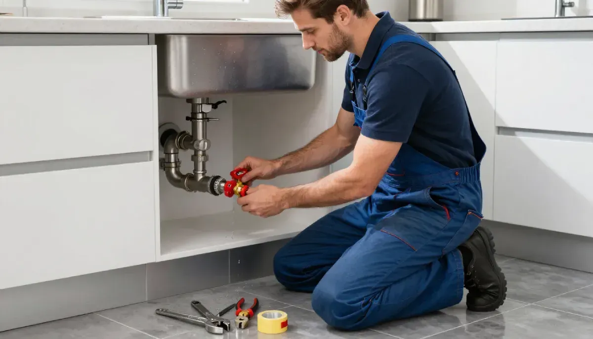 Una persona con un mono de trabajo azul está arrodillada en el suelo de la cocina, reparando las tuberías de fontanería