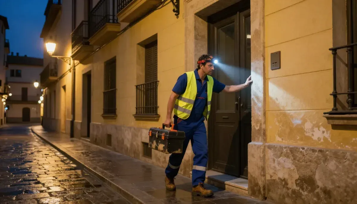 Un técnico con chaleco de seguridad y linterna frontal lleva una caja de herramientas mientras inspecciona
