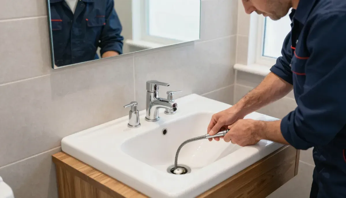 Un fontanero con uniforme azul utiliza una sonda flexible para desatascar un lavabo blanco.