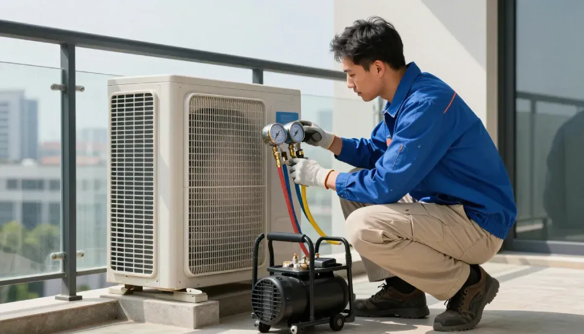 Un técnico con uniforme azul se arrodilla en un balcón y utiliza una bomba de vacío para dar mantenimiento