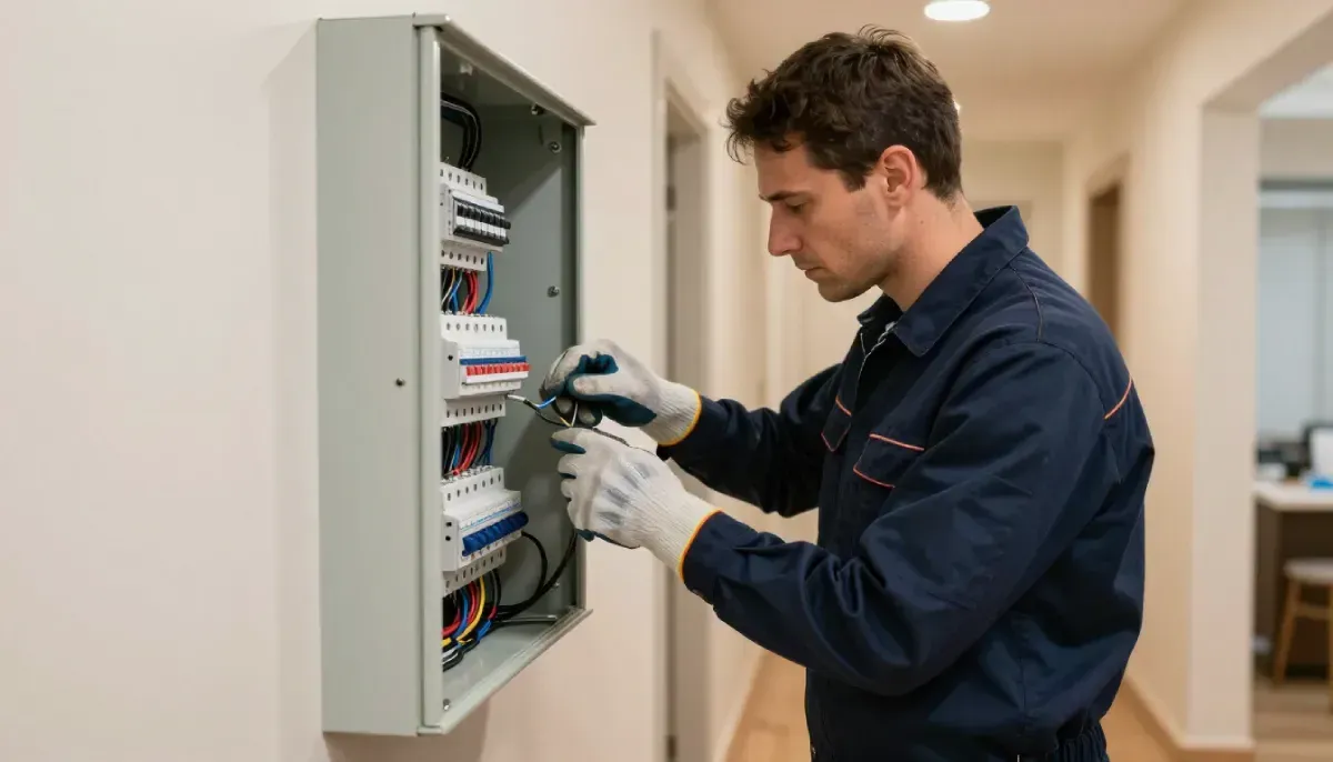 Un profesional, vestido con ropa de trabajo y guantes, inspecciona el interior de un panel