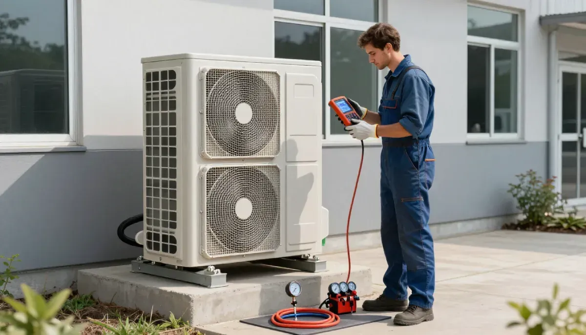 Un técnico con mono azul utiliza una herramienta de diagnóstico digital para dar mantenimiento