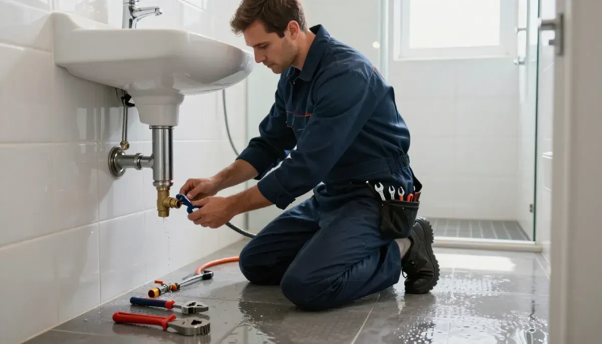 Un fontanero con uniforme azul, arrodillado en el suelo de un baño, utiliza una herramienta para reparar una tubería