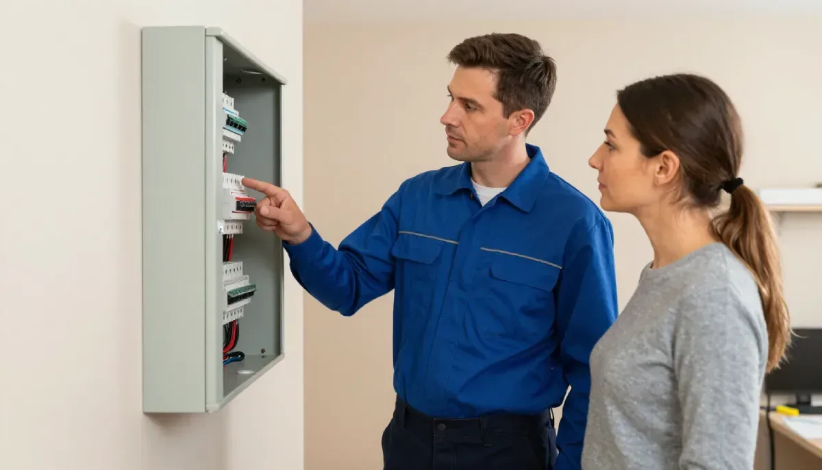 Un técnico de servicio señala un panel eléctrico montado en la pared mientras se lo explica a una persona 