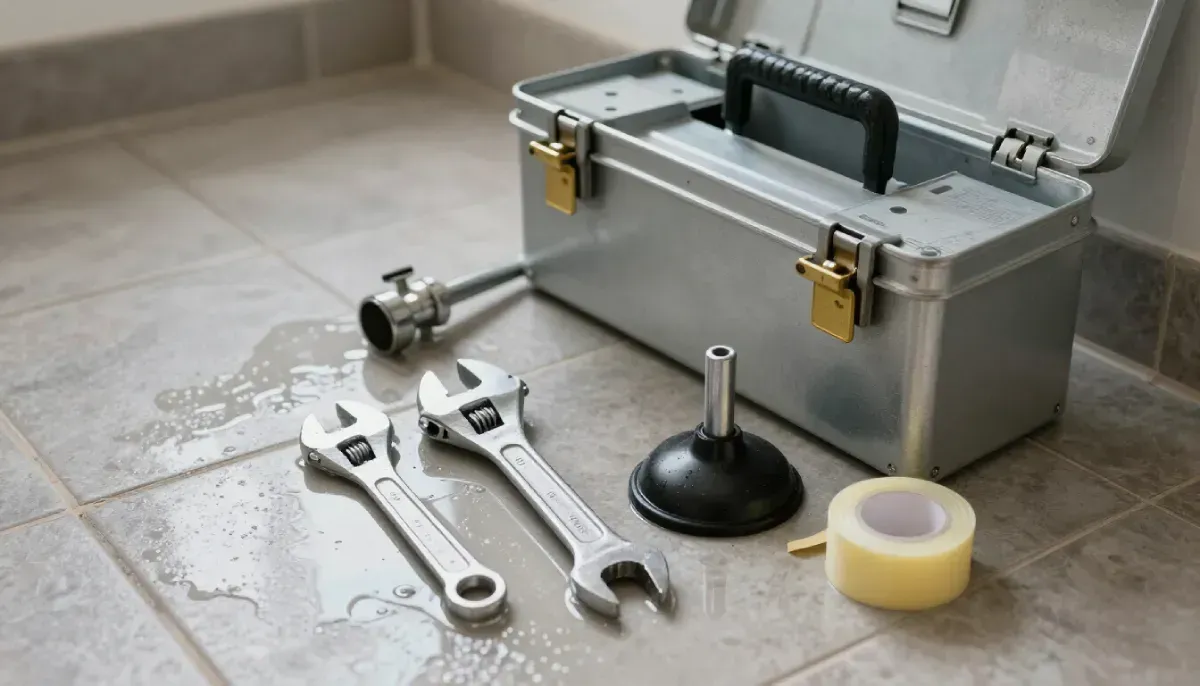 Una caja de herramientas metálica, dos llaves inglesas ajustables, un pequeño desatascador de fregadero