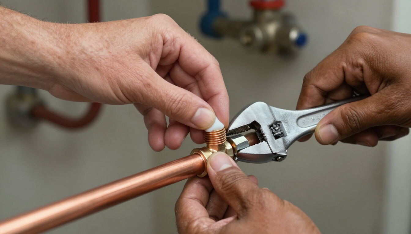 Primer plano de unas manos que utilizan una llave inglesa ajustable para apretar una pieza de latón en una tubería de cobre.