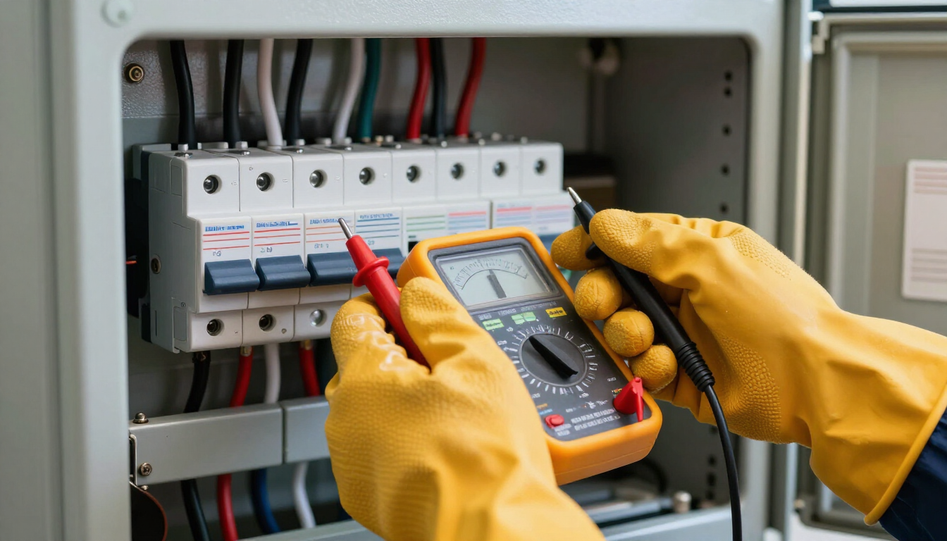 Unas manos con guantes de seguridad amarillos utilizan un multímetro para probar un panel de disyuntores.