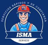 Logotipo de ISMA SERVEIS que muestra a un trabajador sonriente con casco sobre un fondo azul circular con texto en español.