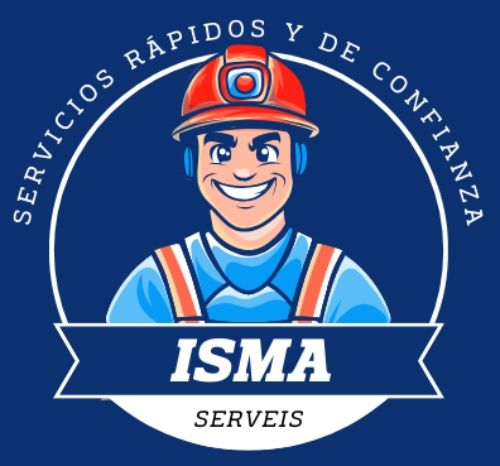 Logotipo de ISMA SERVEIS que muestra a un trabajador sonriente con casco sobre un fondo azul circular con texto en espa&ntilde;ol.