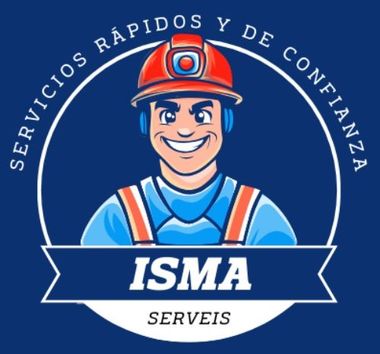Logotipo de ISMA SERVEIS que muestra a un trabajador sonriente con casco sobre un fondo azul circular con texto en español.