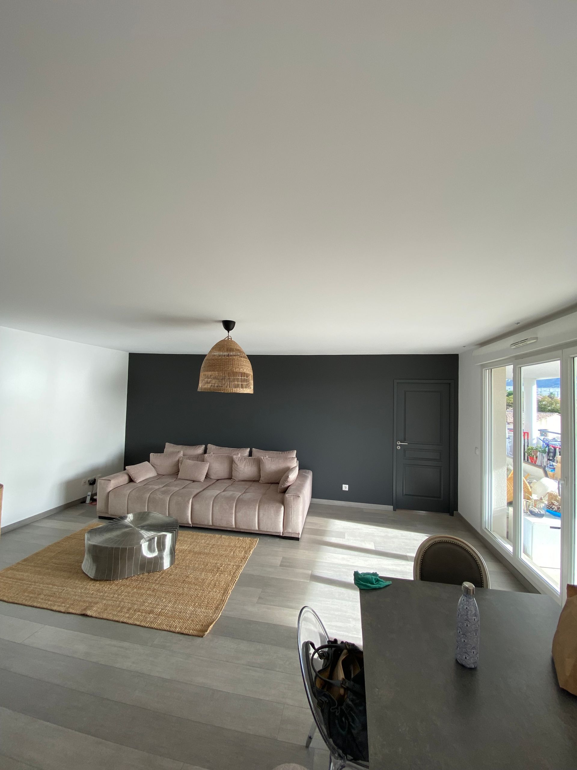 Salon rénové avec murs peints en blanc et gris