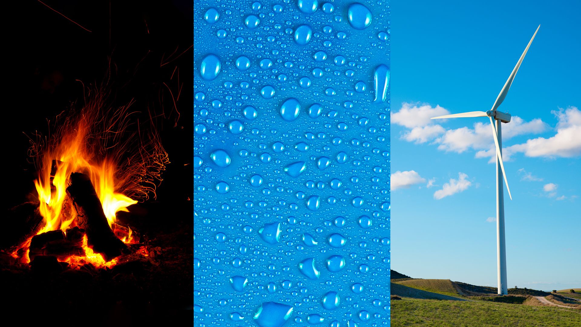 En un collage se muestran un fuego, agua y una turbina eólica.
