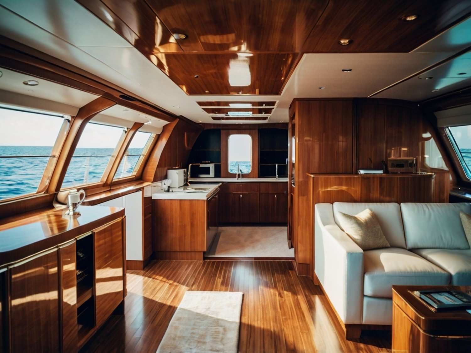 Interior de un yate con paneles de madera, cocina y un sofá blanco, con el océano visible a través de las ventanas.