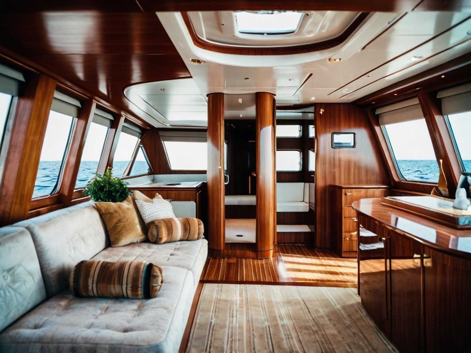 Interior de yate de lujo con paneles de madera, sofá, ventanas y vista al mar.