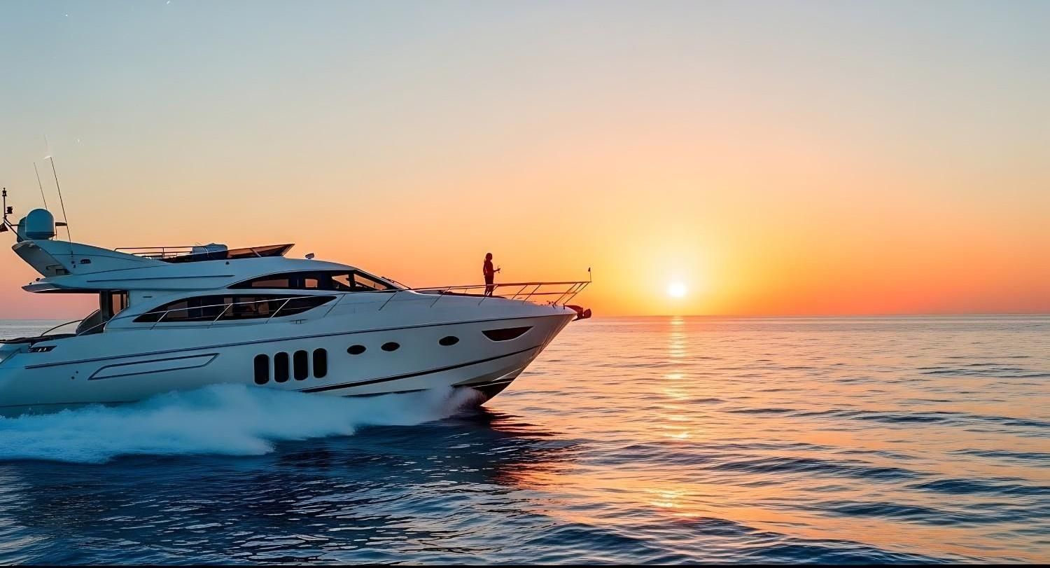 Yate navegando en el océano durante la puesta de sol, con un cielo naranja brillante.