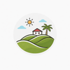 Sunny green hills with a small house, palm tree, and clouds in a circular landscape icon