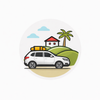 White SUV with luggage parked near a small house and palm tree on a sunny hill