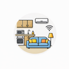 Cozy living room with blue sofa, yellow lamp, kitchen cabinets, wall AC, and Wi‑Fi icon