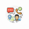 Customer support icons with chat, phone, location pin, and a person profile