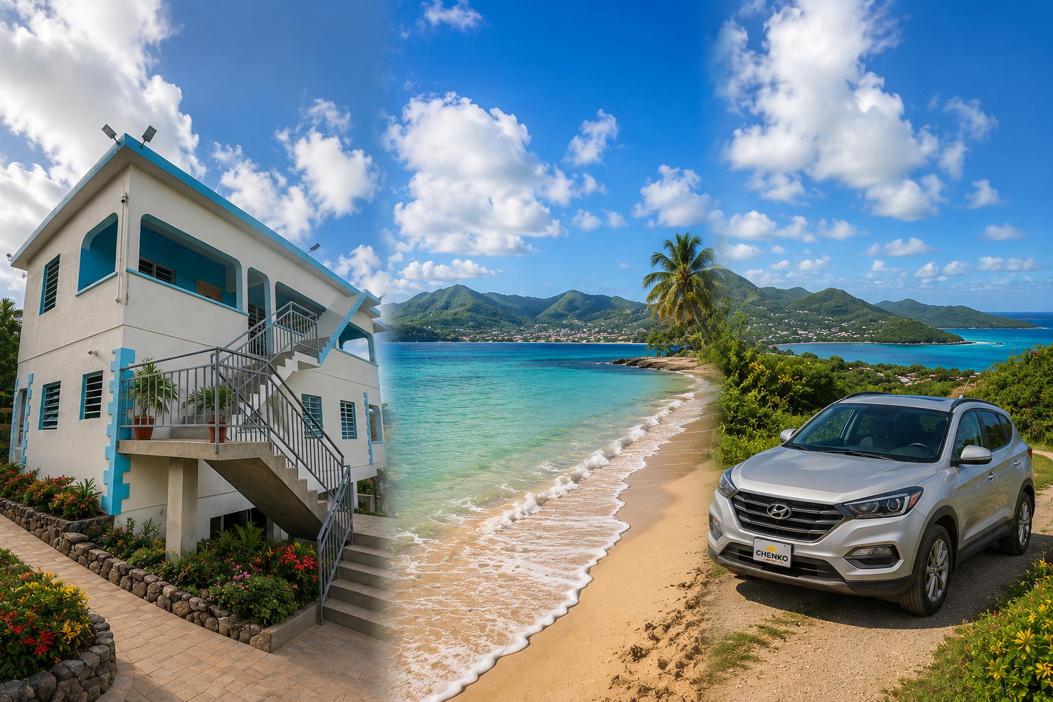CHENKO VILLAS - Beachfront, turquoise bay, and parked silver SUV under a bright blue sky.
