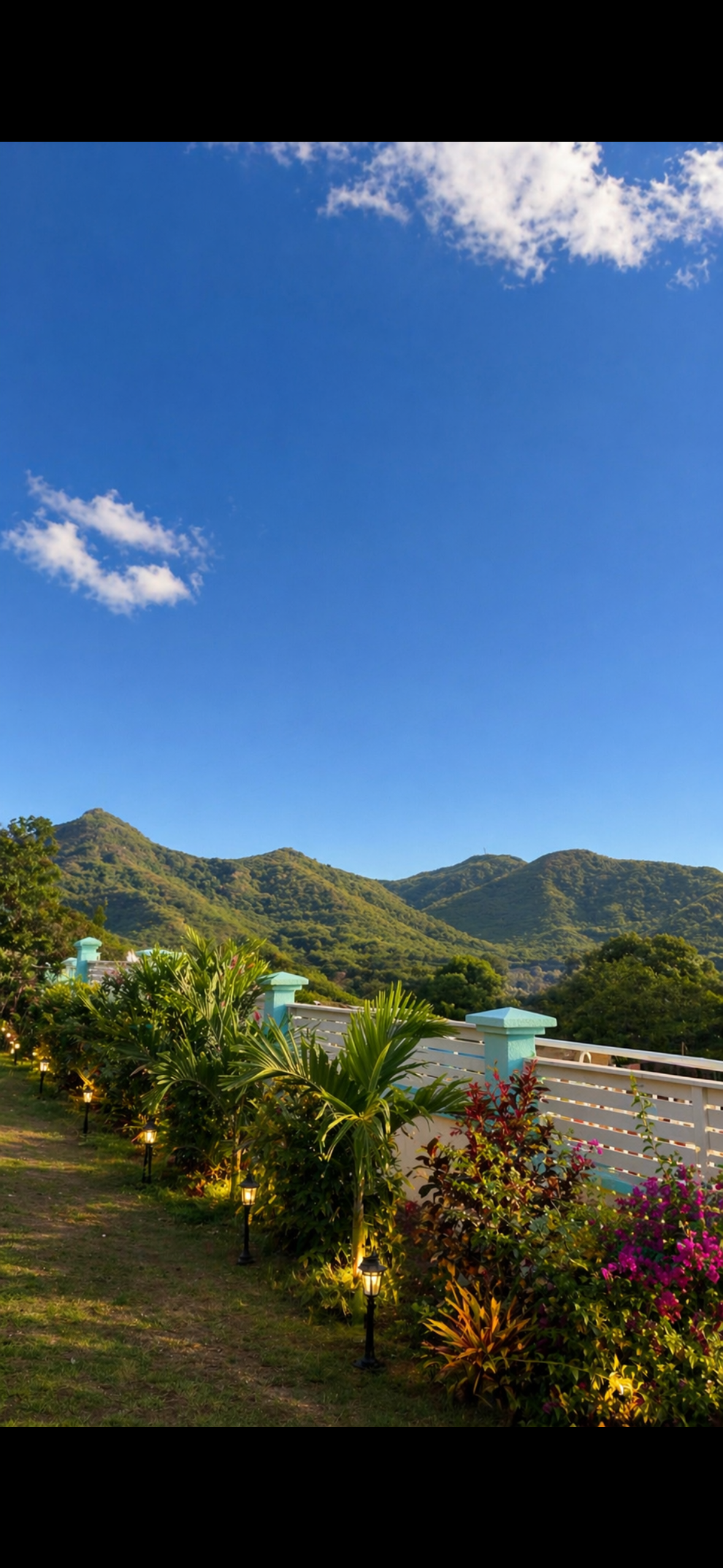 Blue sky over green mountains and a hillside garden with colorful flowers and a path