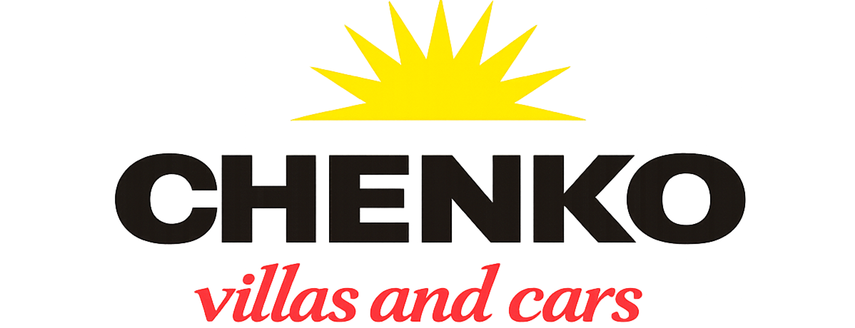 CHENKO logo with yellow sunburst above black text and red italic &ldquo;villas and cars&rdquo; tagline