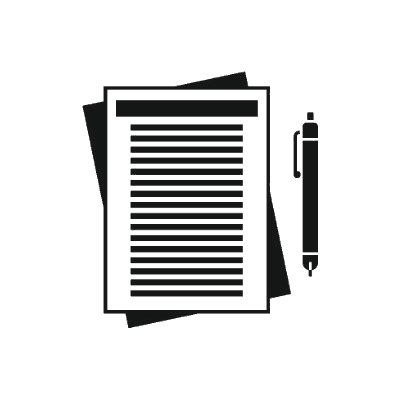 Icono de documento negro con página rayada y bolígrafo sobre fondo blanco