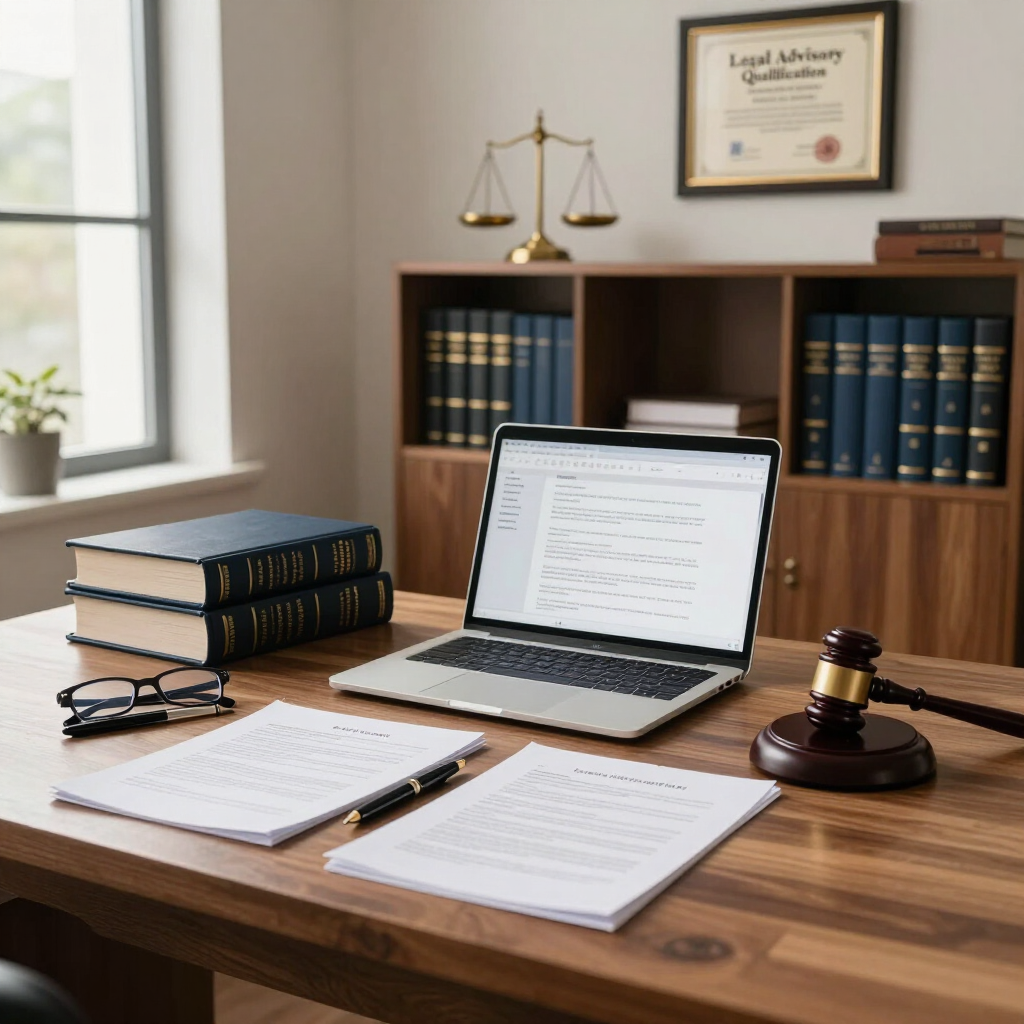 Escritorio de bufete de abogados con ordenador portátil, libros, documentos, mazo, balanza y certificado enmarcado.