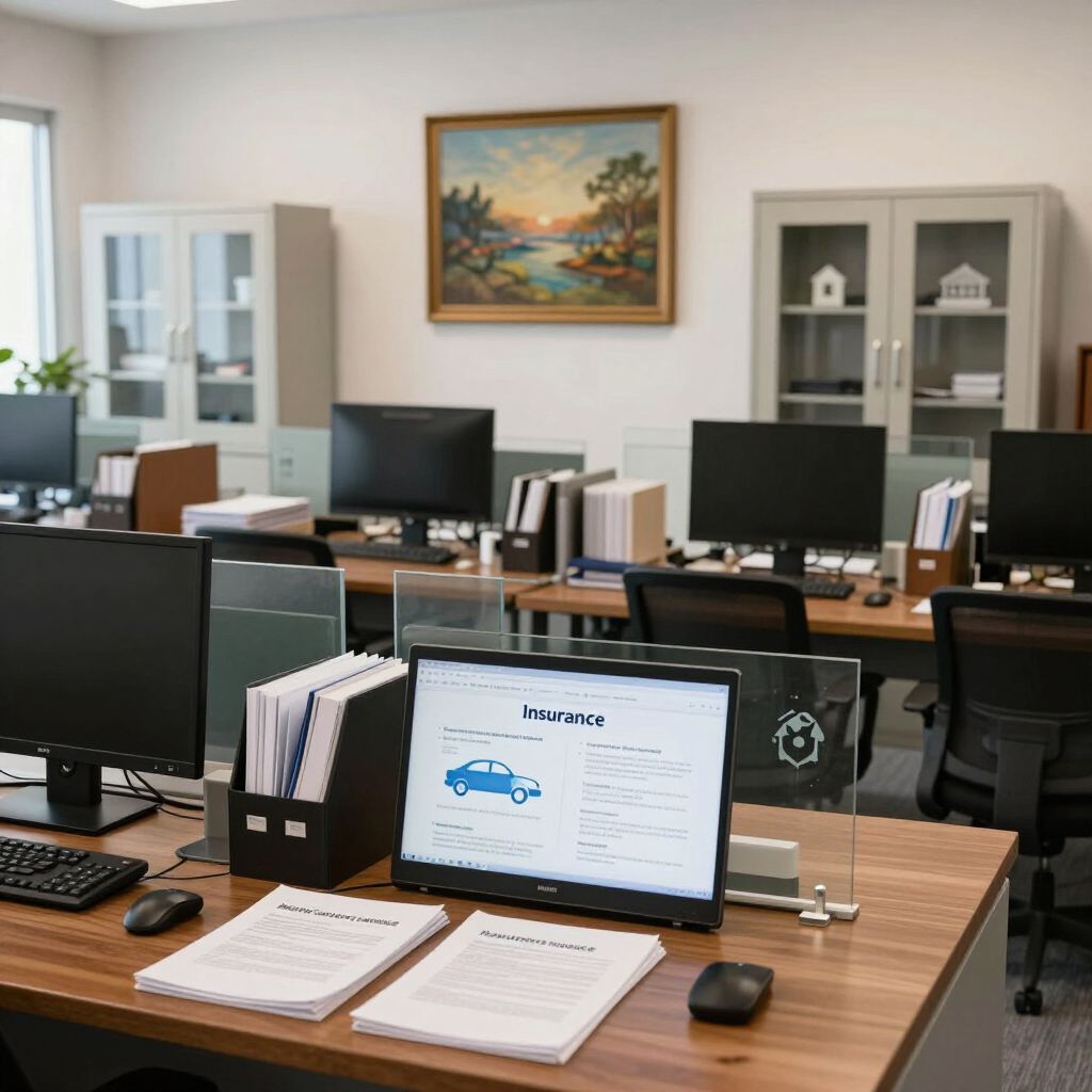 Espacio de oficina con escritorios, monitores de computadora y archivadores debajo de un cuadro paisajístico enmarcado.
