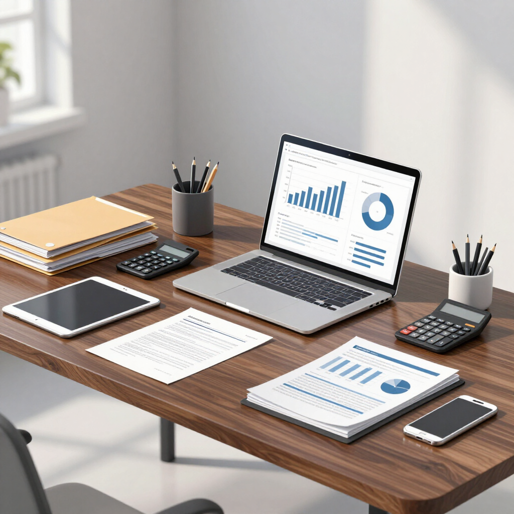 Escritorio de oficina moderno con computadora portátil, gráficos, cuadernos, calculadoras, tabletas y teléfonos inteligentes.