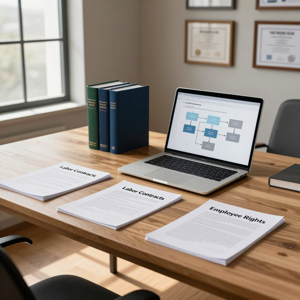 Escritorio con ordenador portátil, cuadernos y carpetas en una luminosa sala de reuniones de oficina.