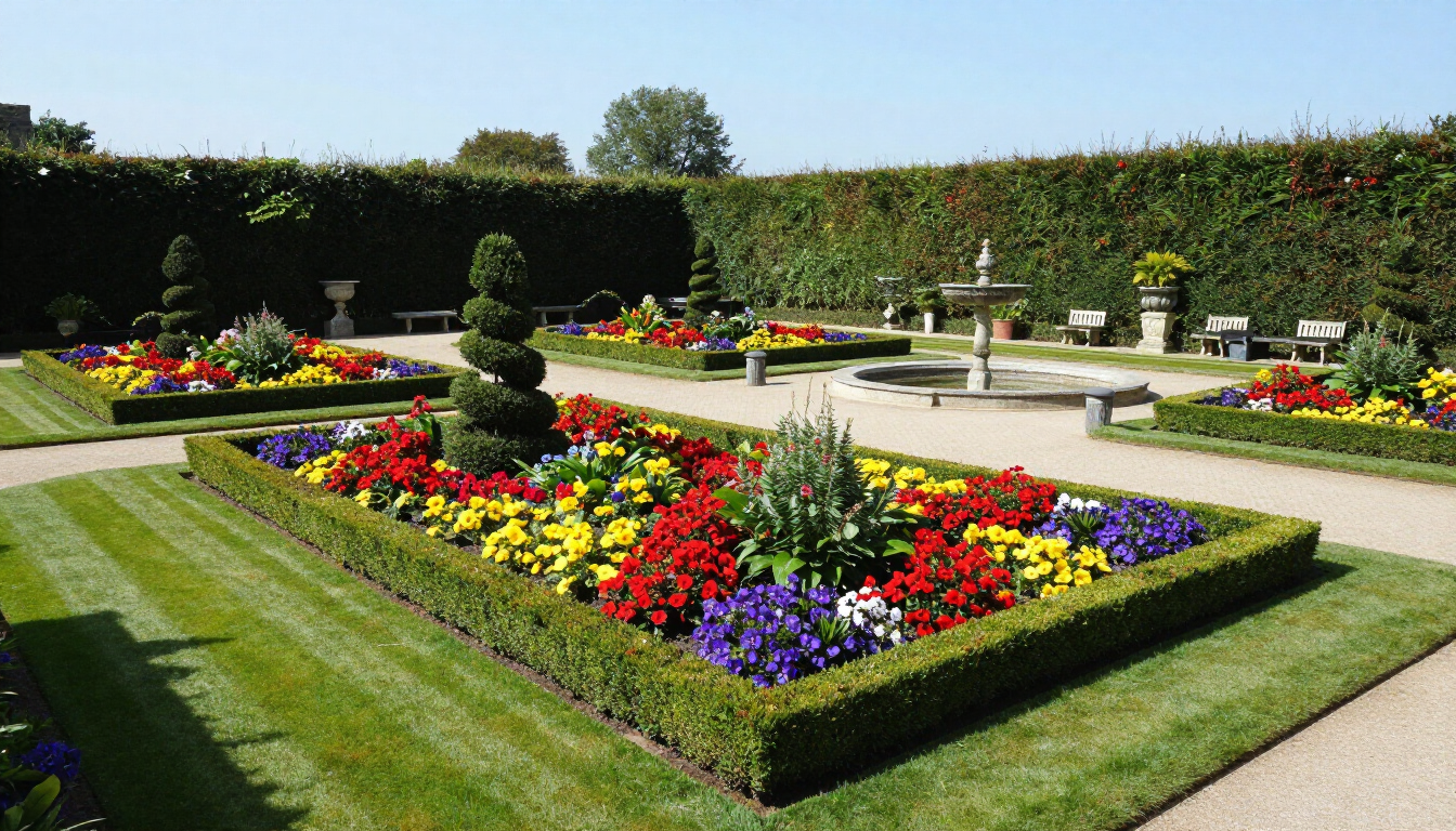 Jardin à la française avec parterres de fleurs colorés, haies taillées et allées pavées baignées de soleil.