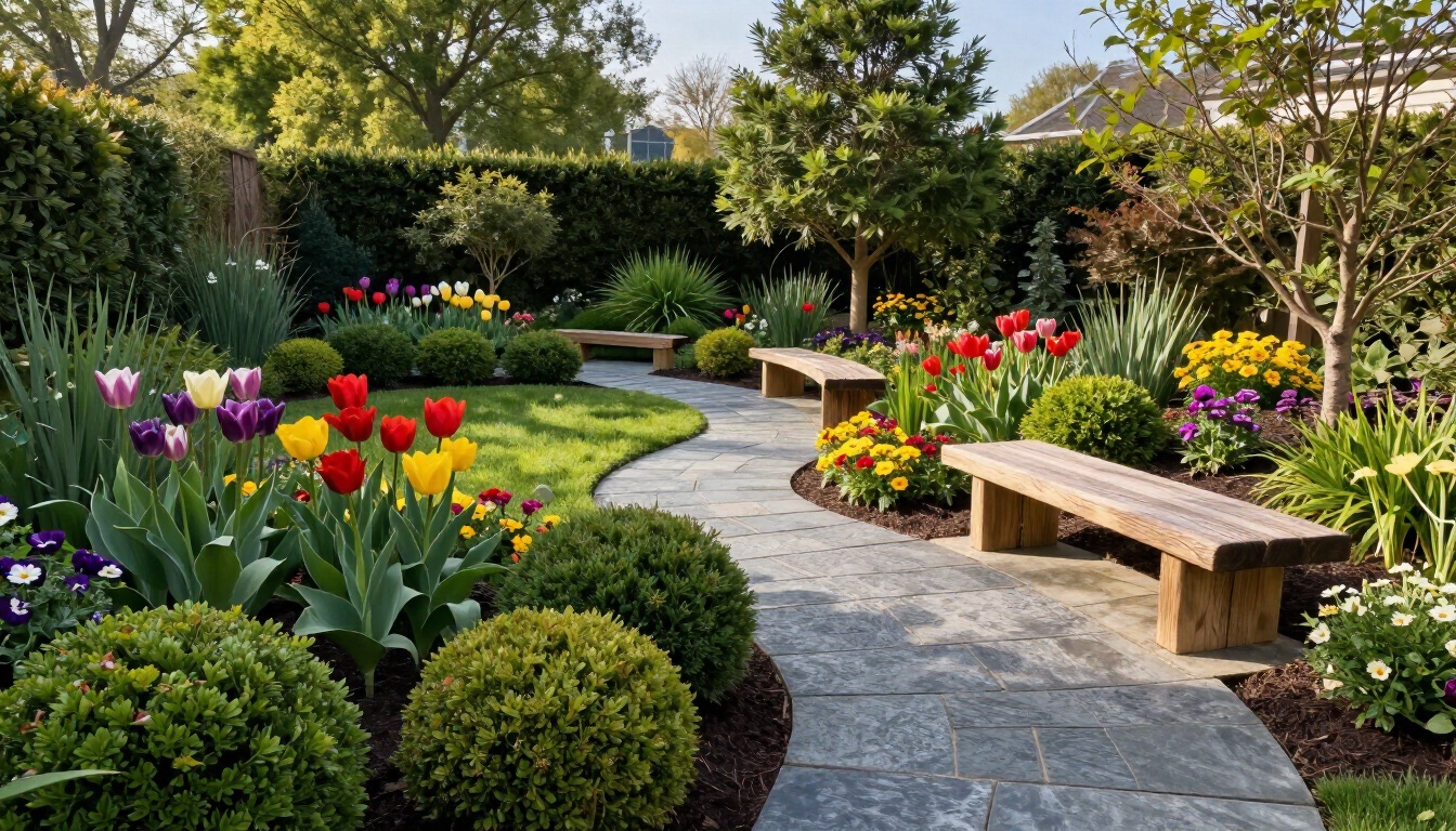 Chemin de pierre sinueux traversant un jardin fleuri et coloré, agrémenté de bancs et d'arbustes taillés.