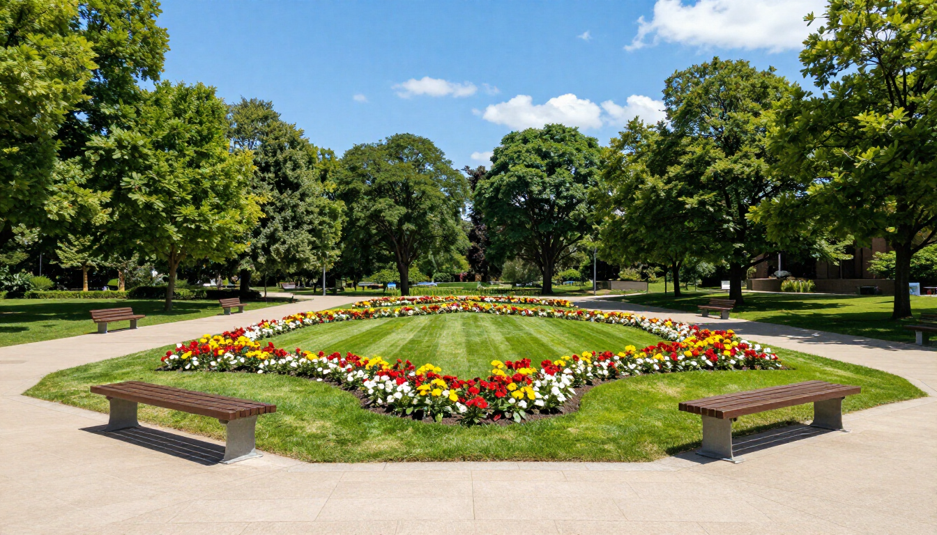 Parterre de fleurs aux couleurs chatoyantes dans un parc, bordé de bancs et entouré d'arbres verdoyants.