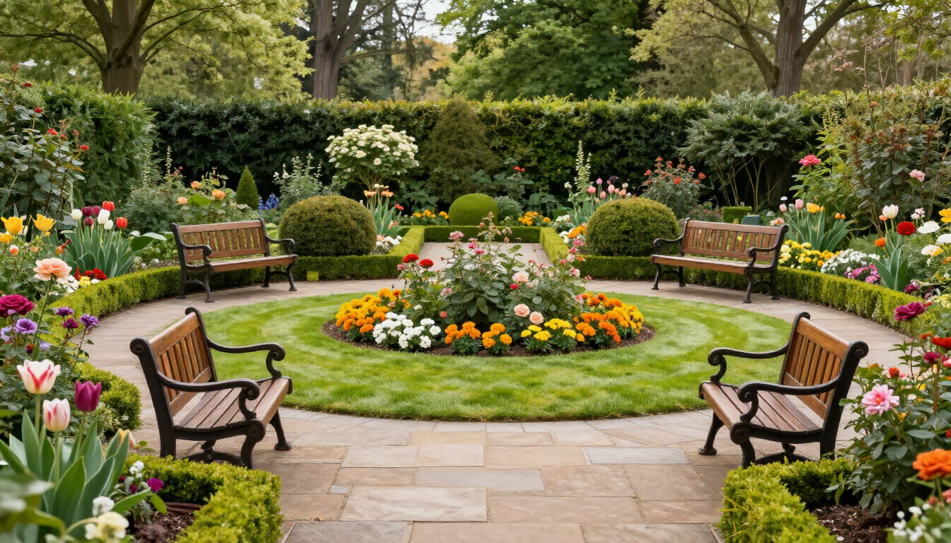 Jardin fleuri avec bancs et chemin de pierre autour d'une pelouse circulaire