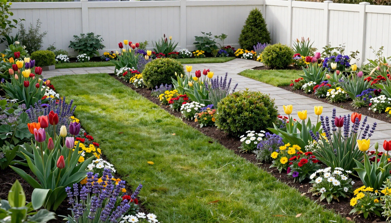 Des parterres de fleurs colorés bordent une pelouse verte dans un jardin paysager soigné, entouré d'une clôture blanche.