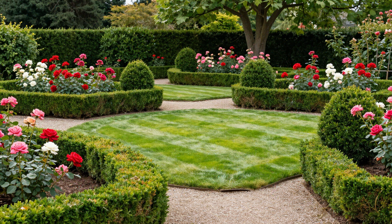 Jardin à la française avec haies taillées, roses roses et un carrefour central recouvert de gazon