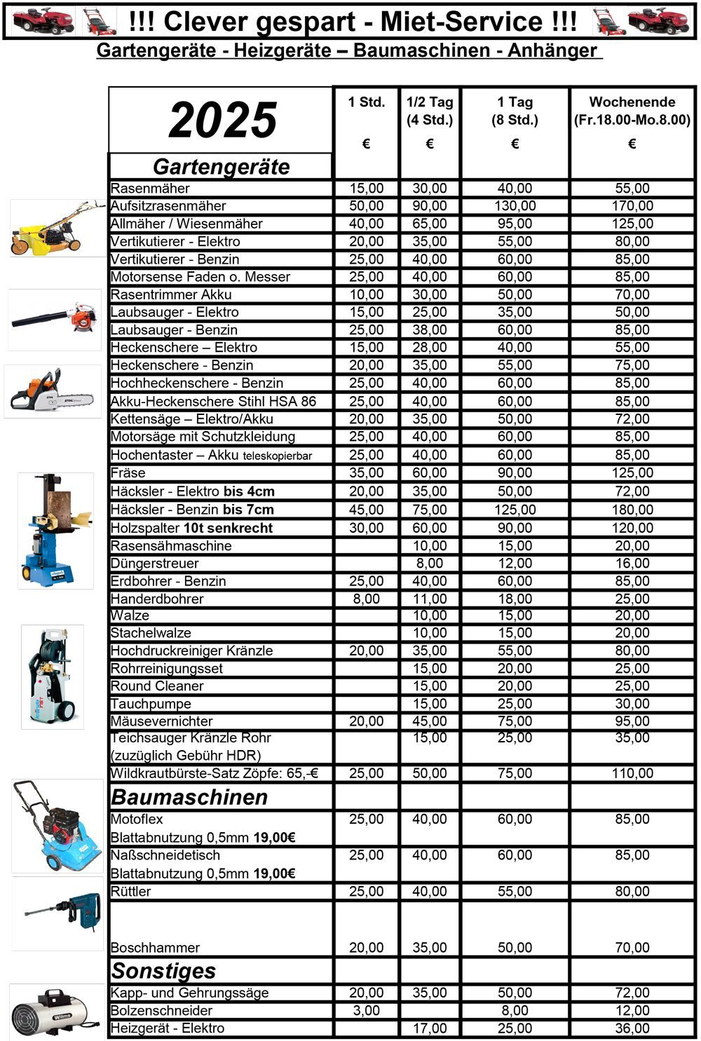 Preisliste für den Mietservice für Gartengeräte im Jahr 2025.
