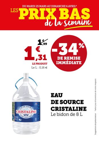 Eau de source Cristaline en bidon de 8 l : 34 % de remise immédiate, soit 1,31 € le produit.