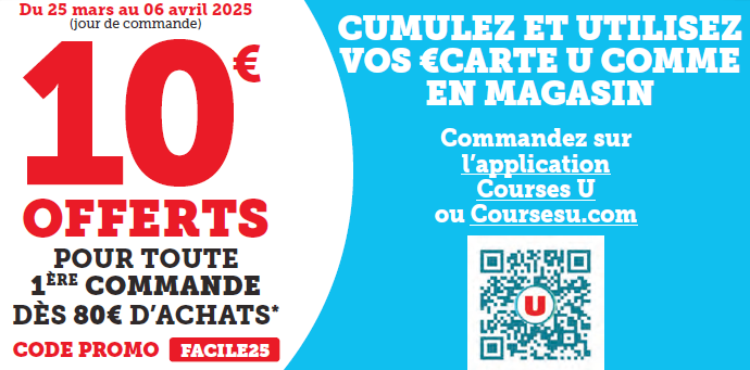 Du 25 mars au 6 avril 2025 jour de commande : 10 € offerts pour toute 1ère commande dès 80 € d'achats avec le code promo FACILE25.